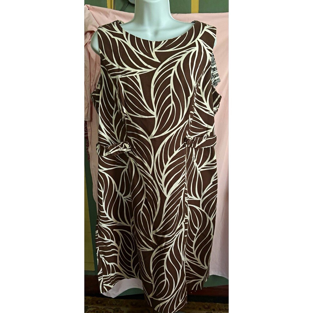 George ME Size 14 Women’s Brown Cream Leaf Print Cotton Stretch Dress 42” Bust